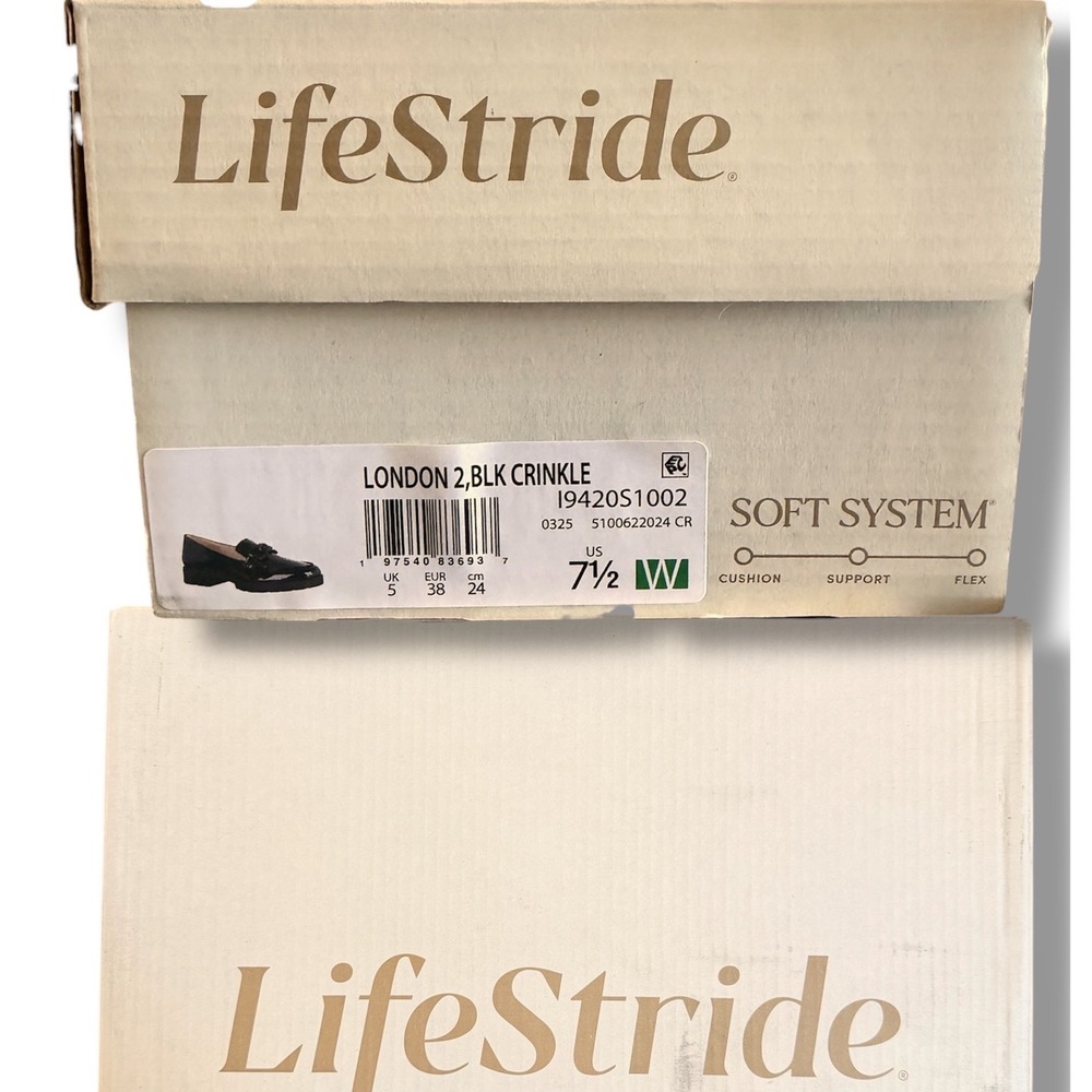 LifeStride London 2 Black Crinkle Chain Loafer Lug Sole Shoes 7.5W WIDE New - Picture 3 of 11